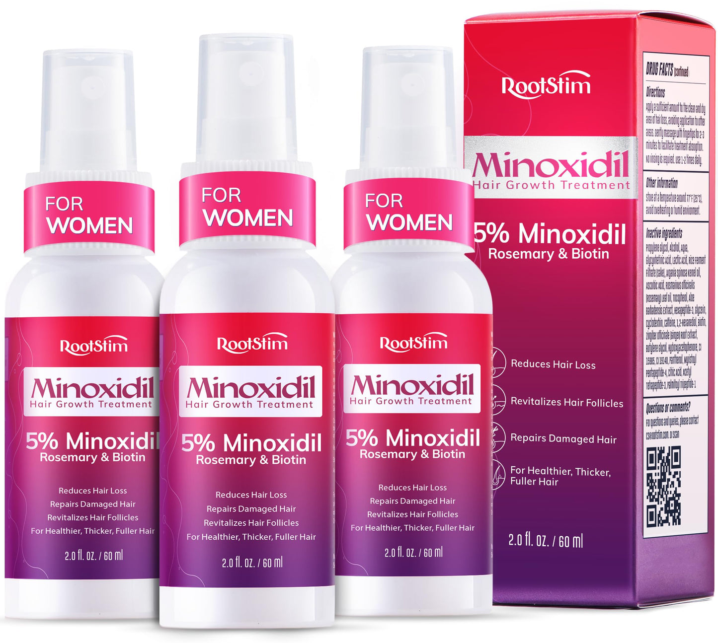 Women's 5% Minoxidil Spray for Hair Growth: 3-Pack RootStim Strength Minoxidil for Thinning Hair Regrowth Fuller Hair - 36ML Each
