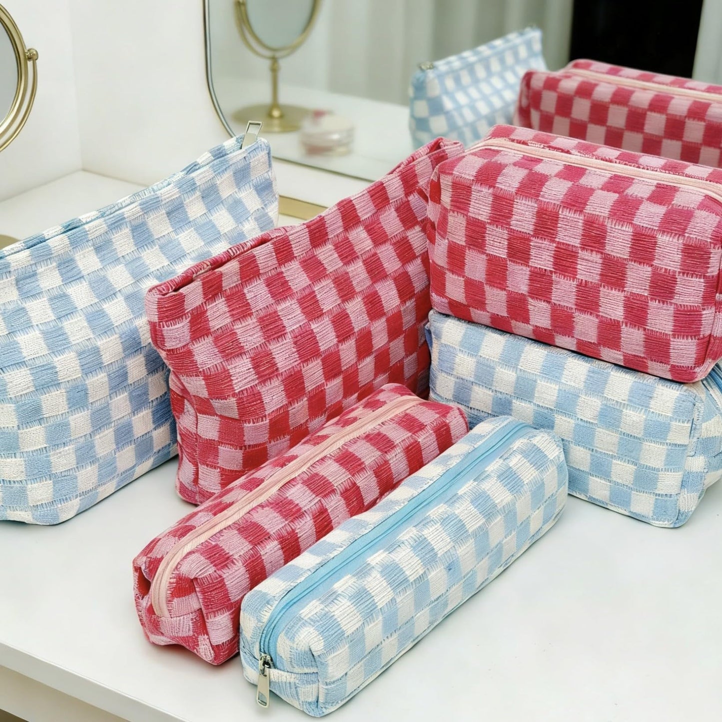 Stidgbo 3 Pieces Checkered Makeup Bag Set, Pink Cosmetic Bags for Women, Large Medium Small Portable Travel Toiletry Bag, Cute Zipper Pouch Organizer for Purse, Skincare, Cosmetics, Stationery