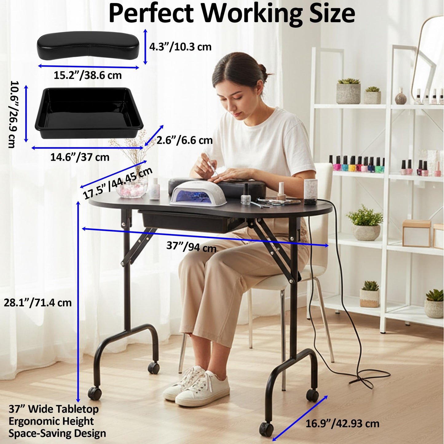 Mohzate Portable Manicure Table Foldable Nail Desk Workstation with Drawer and Wrist Rest Professional Nail Tech Table with Wheels and Carry Bag for Technician Spa Salon and Home Use