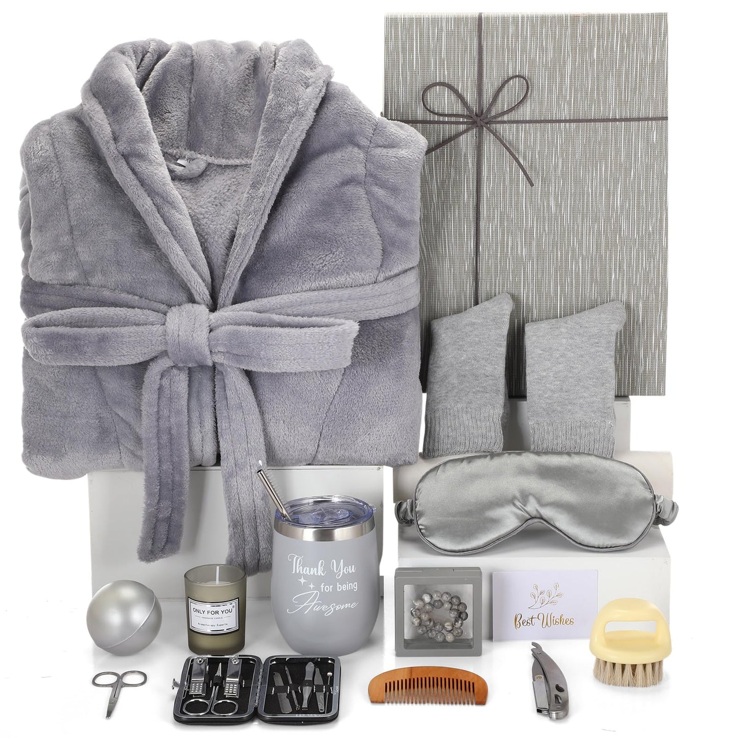 Nuogo 15 Pcs Birthday Gifts for Men Beard Care Set for Him Dad Birthday Gifts Basket Ideas Kit for Men Tumbler Bath Robe for Father's Day Dad Husband Boyfriend Box(Unhooded,Grey)