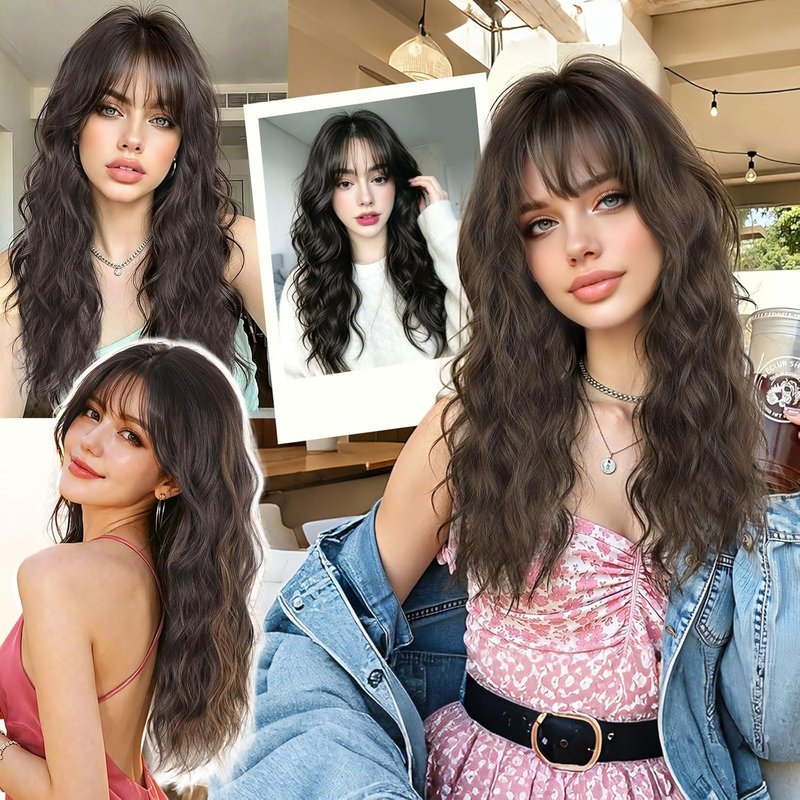 Hair Toppers for Women - 360° Hand-Knitted Lightweight Clip-In Wavy Wiglets with Bangs | 20 Inch, Medium Brown