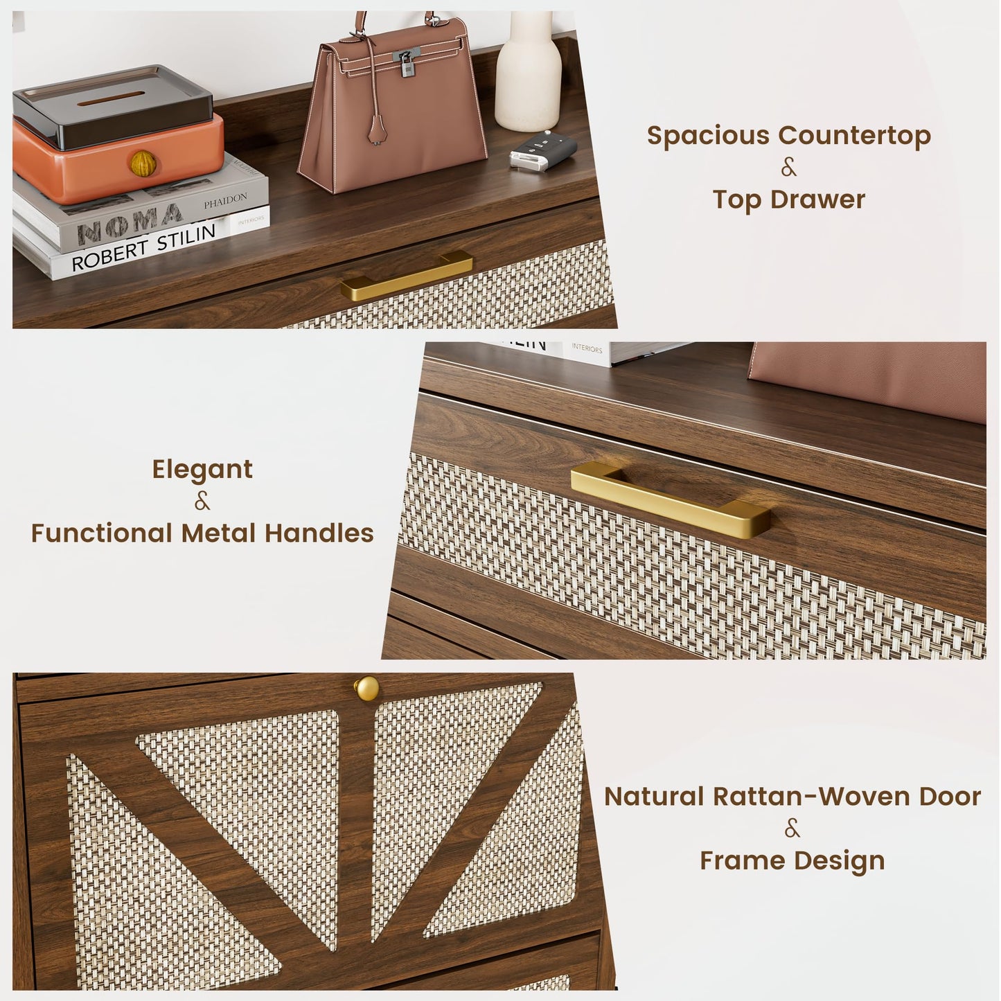 Regmuse Rattan Shoe Storage Cabinet - Hidden Entryway Shoe Storage with Adjustable Shelf, Slim Shoe Organizer Cabinet with 2 Flip Drawers & 1 Drawer, Modern Shoe Cabinet Storage for Hallway Entrance