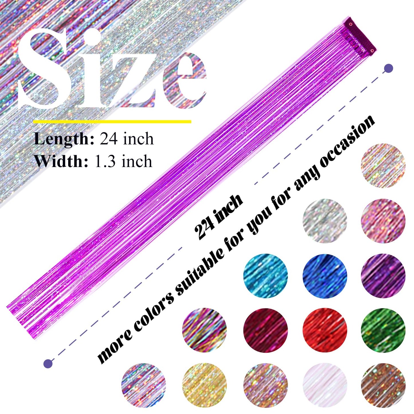 Hair Tinsel Kit - 12 Pcs Purple Glitter Clip-In Extensions | 24 Inch for Girls, Women & Kids