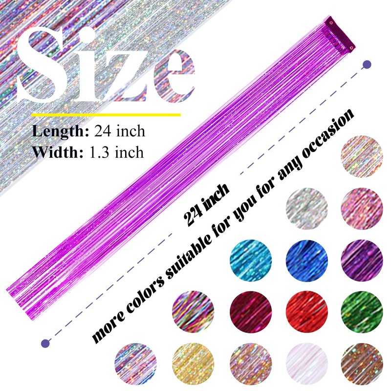 Hair Tinsel Kit - 12 Pcs Purple Glitter Clip-In Extensions | 24 Inch for Girls, Women & Kids