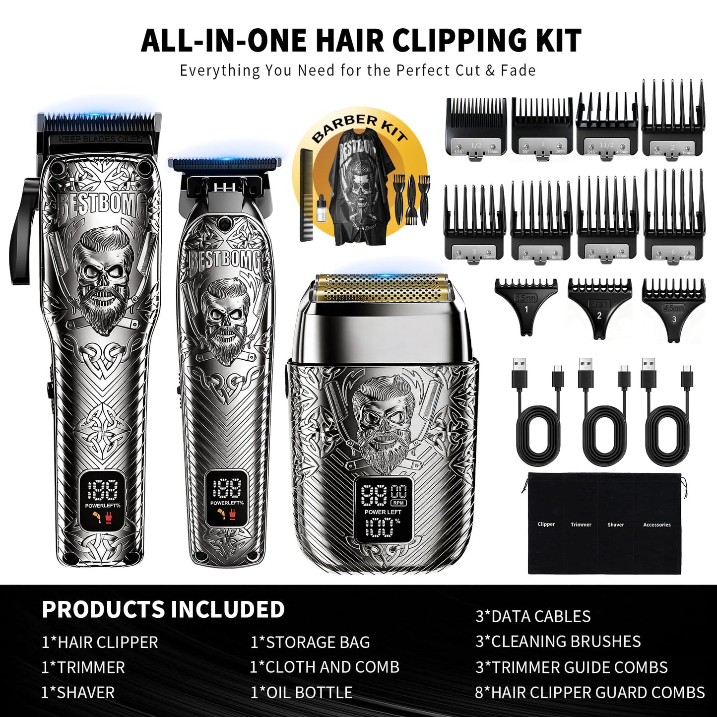 BESTBOMG Professional Cordless Mens Hair Clippers & Beard Trimmer and Electric Shavers Kits & Sets,Metal Hair Clippers Cutting Grooming Kit with Long Battery Life for Family Barber Use (Gray)