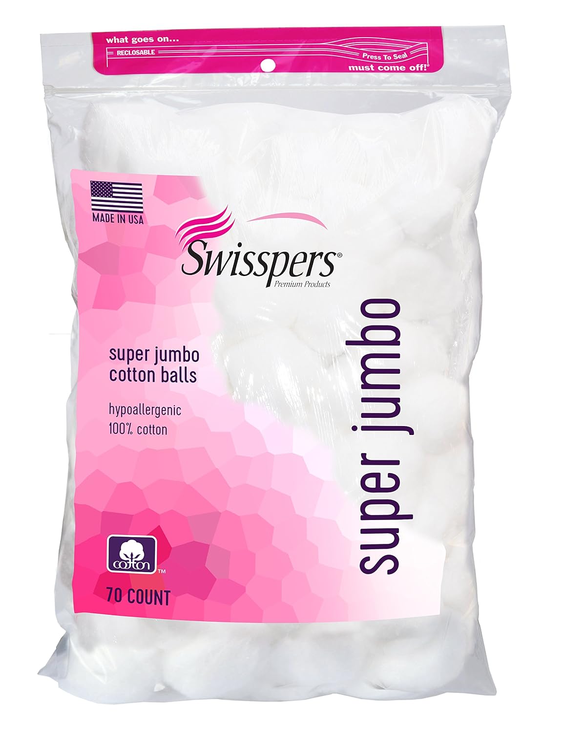 Jumbo Cotton Balls - Swisspers Plus Size, 70 Count for Makeup Removal & Skincare