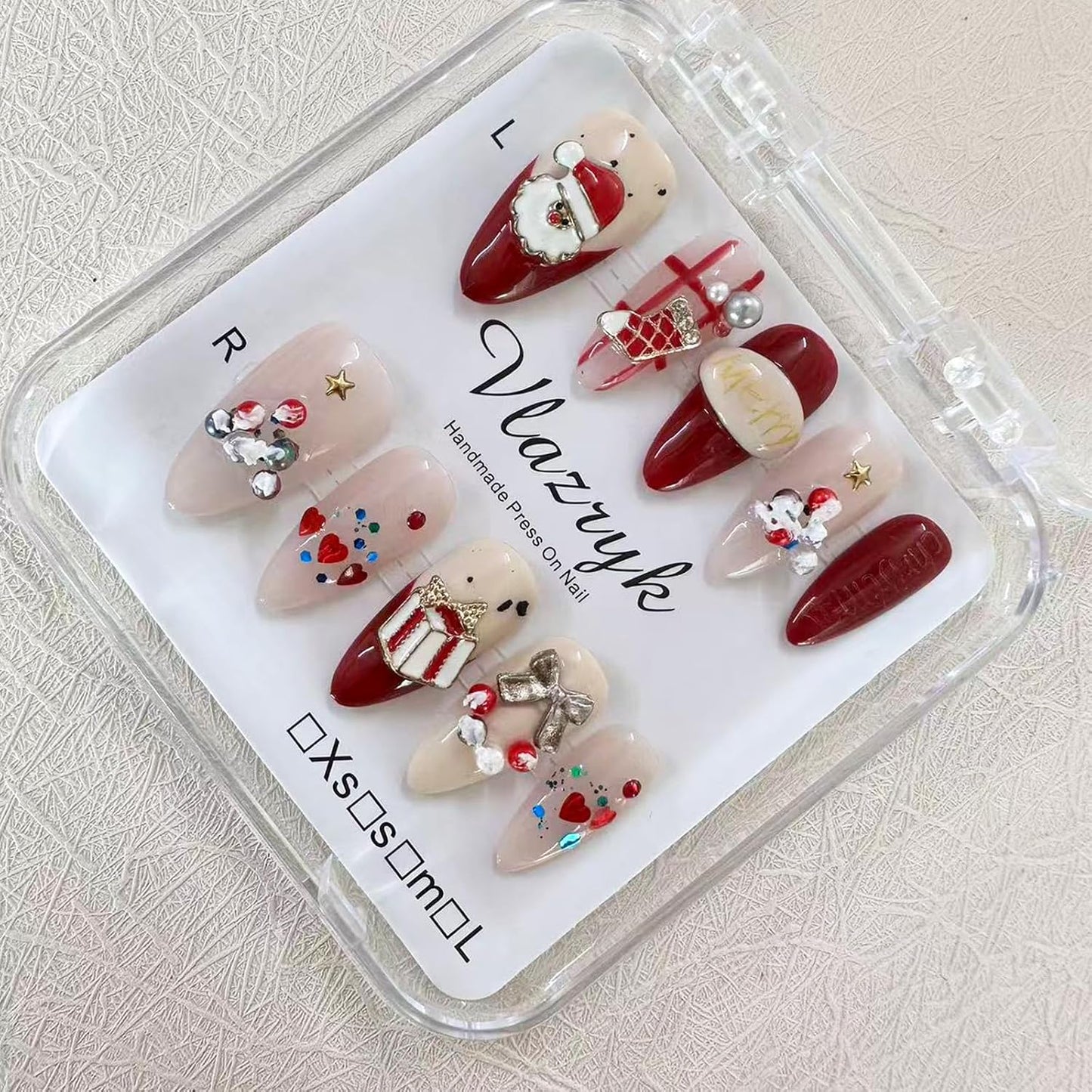 Brown French Tip Press On Nails - 3D Metallic Rhinestones | Medium Almond Reusable Acrylic False Nails (10 PCS)