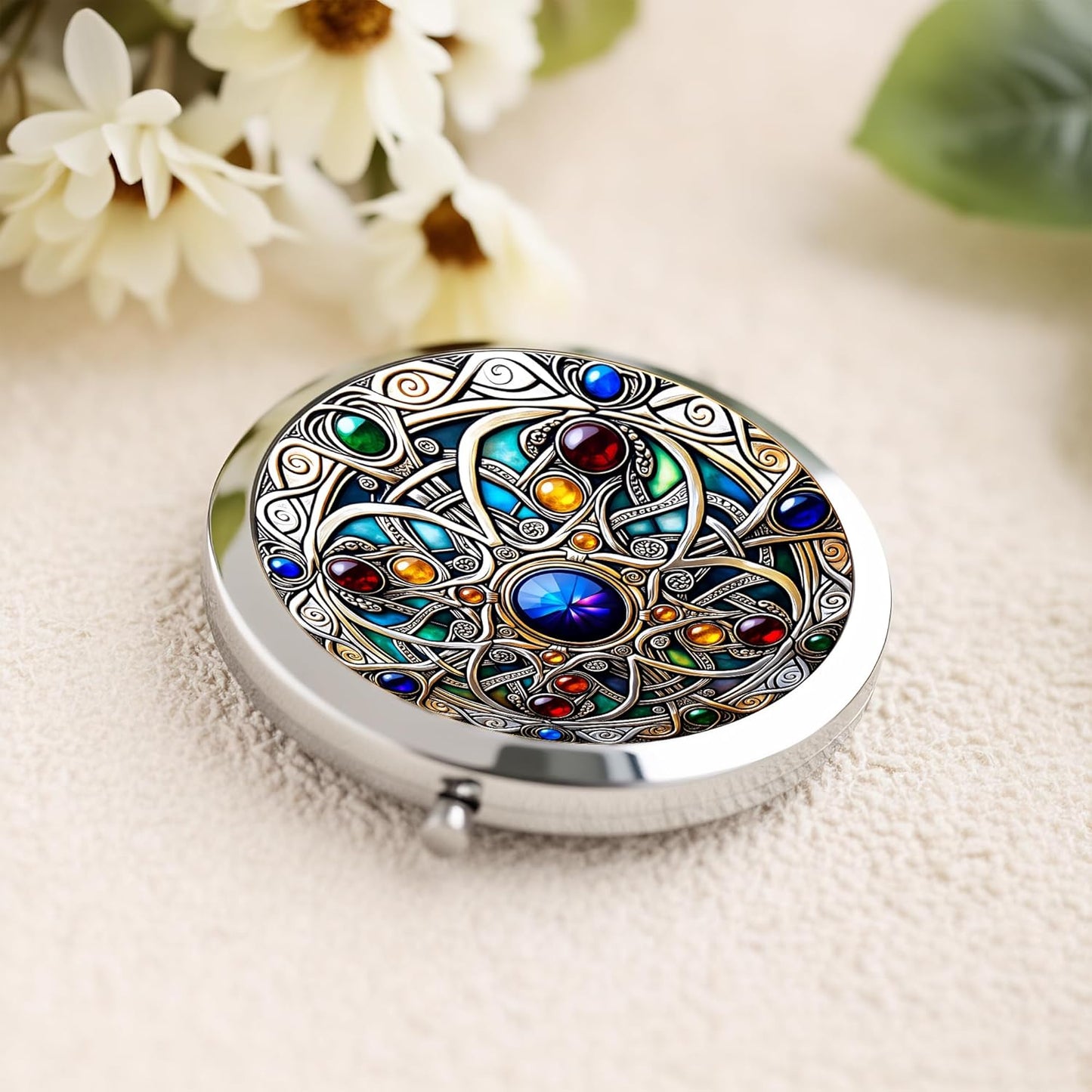 Double-Sided Silver Compact Mirror - 2.8 Inch Folding Makeup Mirror with Celtic Knot Design | Perfect Gift for Women