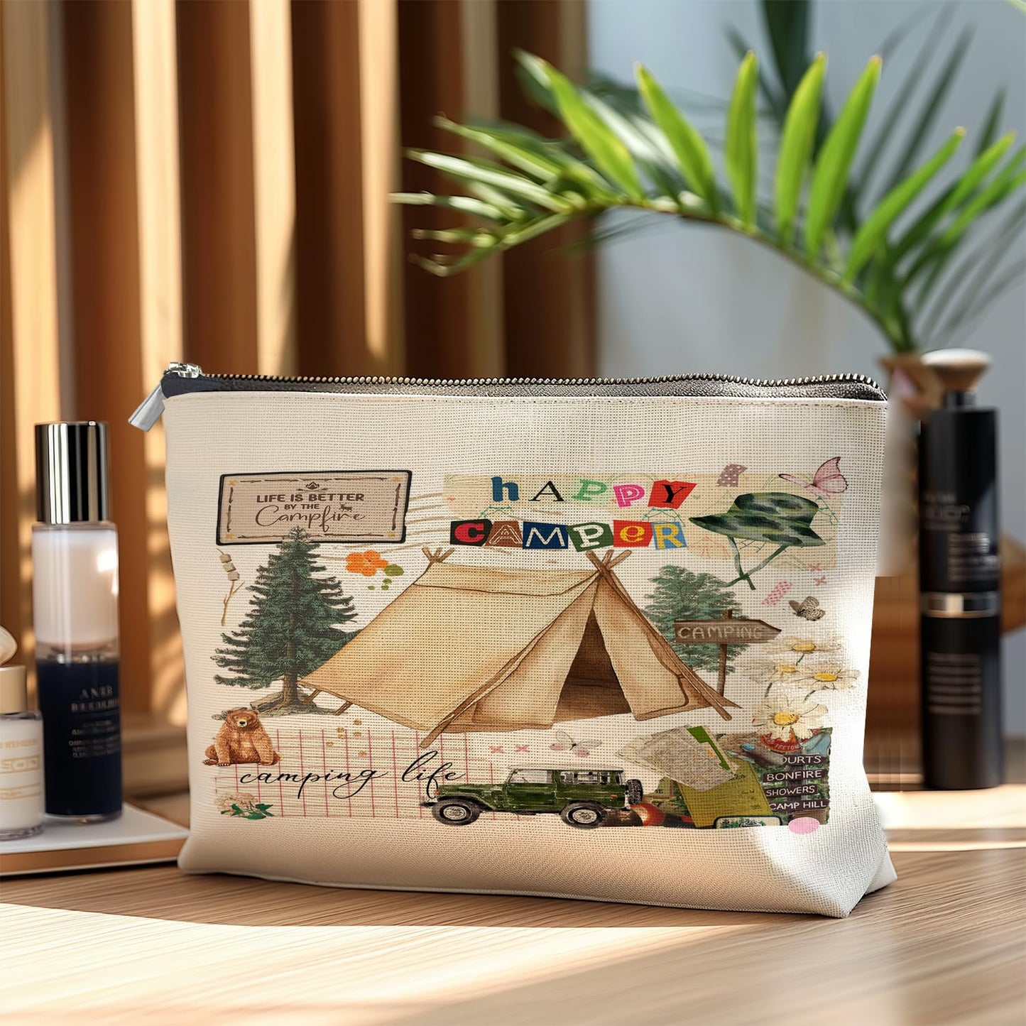 Udinaz Camping Life Makeup Bag, Gifts for Camper Camping Lovers Cosmetic Bags for Women, Rustic Life is Better by The Campfire Zipper Makeup Pouch Toiletry Bag
