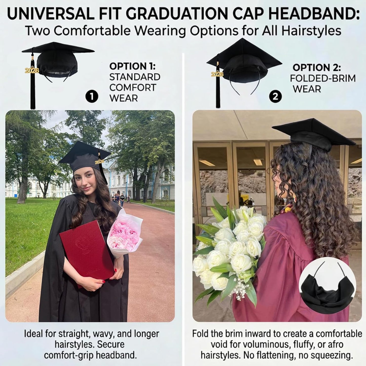 Graduation Cap Headband Insert - Secure Fit for Curly & Thick Hair | No-Slip Design, Black