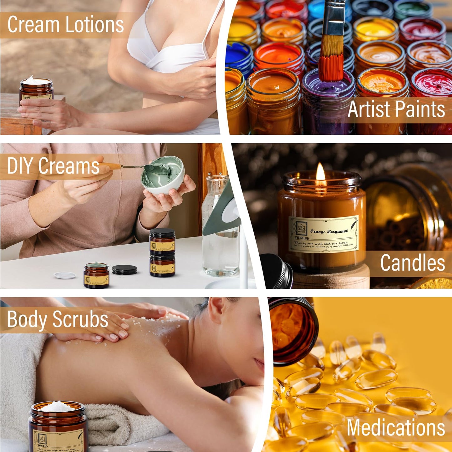 TENLIG 4 oz Glass Jars with Lids,Amber,12 Pack Empty Cosmetic Containers with Inner lids and Inner Liners,Black Metal Lid,Refillable Round Airtight Jars,Use to store Lotion,Powders,Candle Making