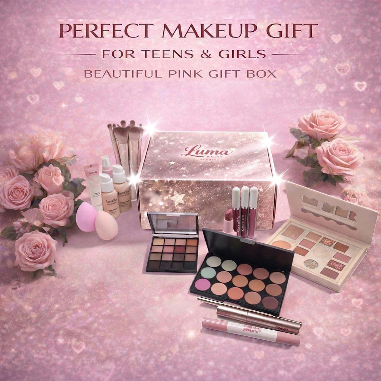 All in One Makeup Kit for Women & Beginners, Essential Full Makeup Set with Eyeshadow Palette, Lip Gloss, Foundation, Brushes – Makeup Gift Set for Teens & Girls, Great Value Starter Kit