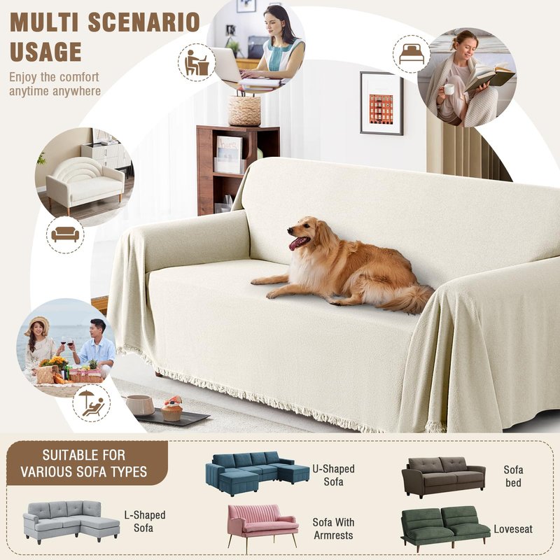 TAOCOCO Couch Cover, Couch Cover Blanket for Sofa, Thick Durable Throw for Sectional Couch, Washable Furniture Protector for Dogs Kids, Tassel Trim, 71''x118'' Beige