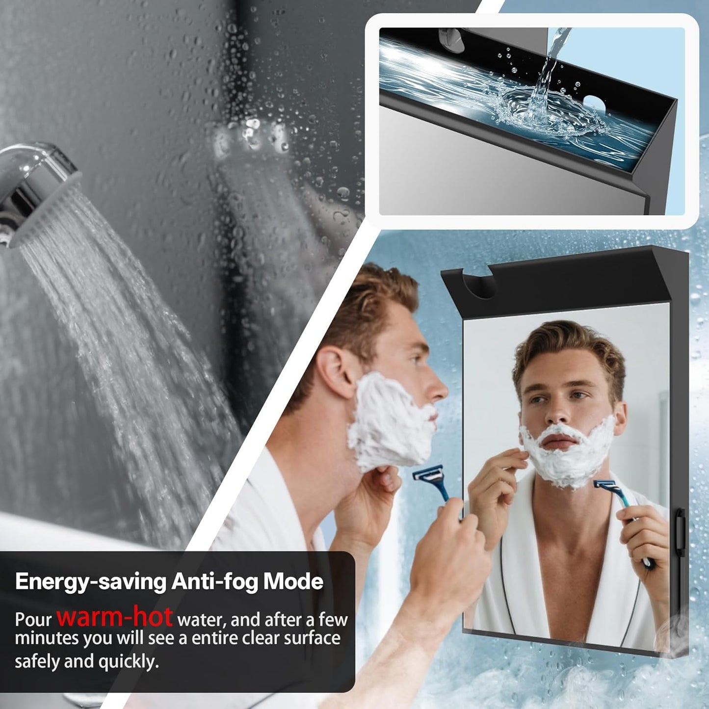 Anti-Fog Shower Mirror - Large Black Bathroom Mirror with Hot Water Defogging | Perfect for Shaving & Makeup