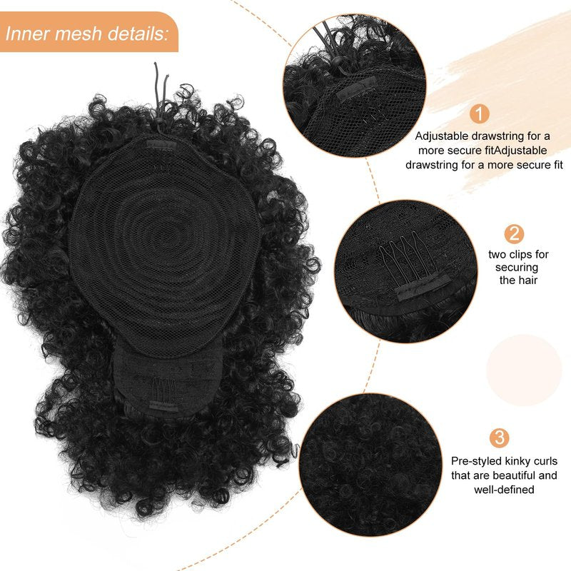 Afro Puff Drawstring Ponytail with Bangs - Kinky Curly Synthetic Hair Extensions for Black Women | Fluffy Natural Black Updo