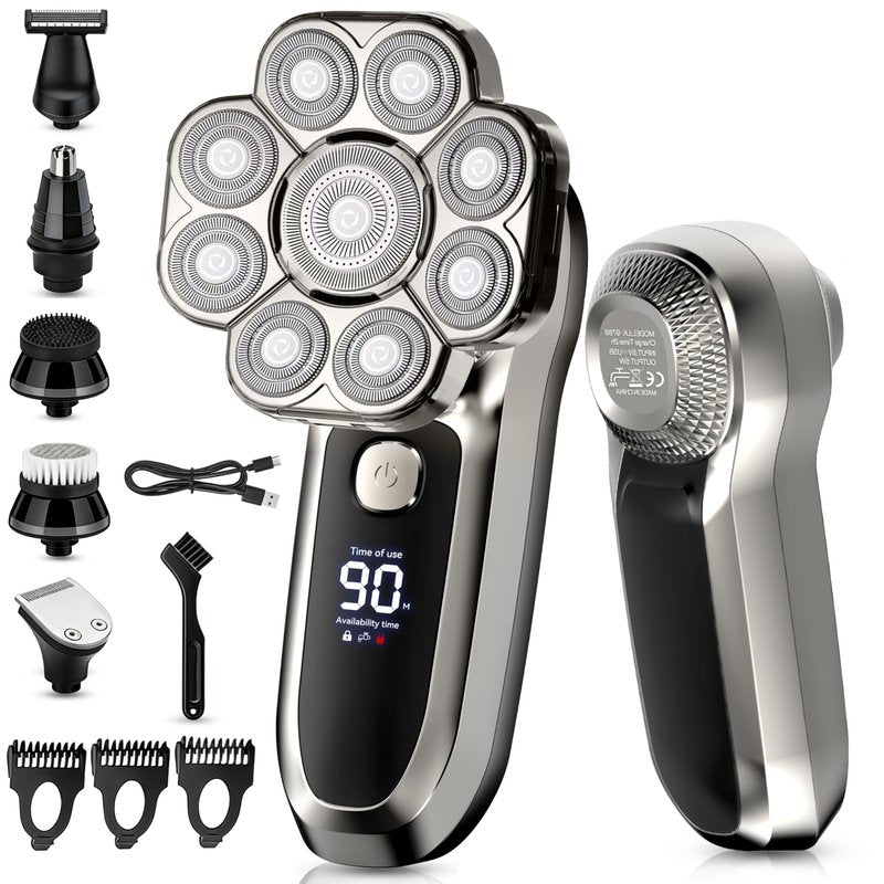 YINICARE® Head Shaver for Bald Men Electric Razor for Fast Shower Shaving with 9D Rotary Blades 6-in-1 Grooming Kit for Head Face Beard Nose Body Hair Trimmer Wet & Dry Cordless USB-C Charging