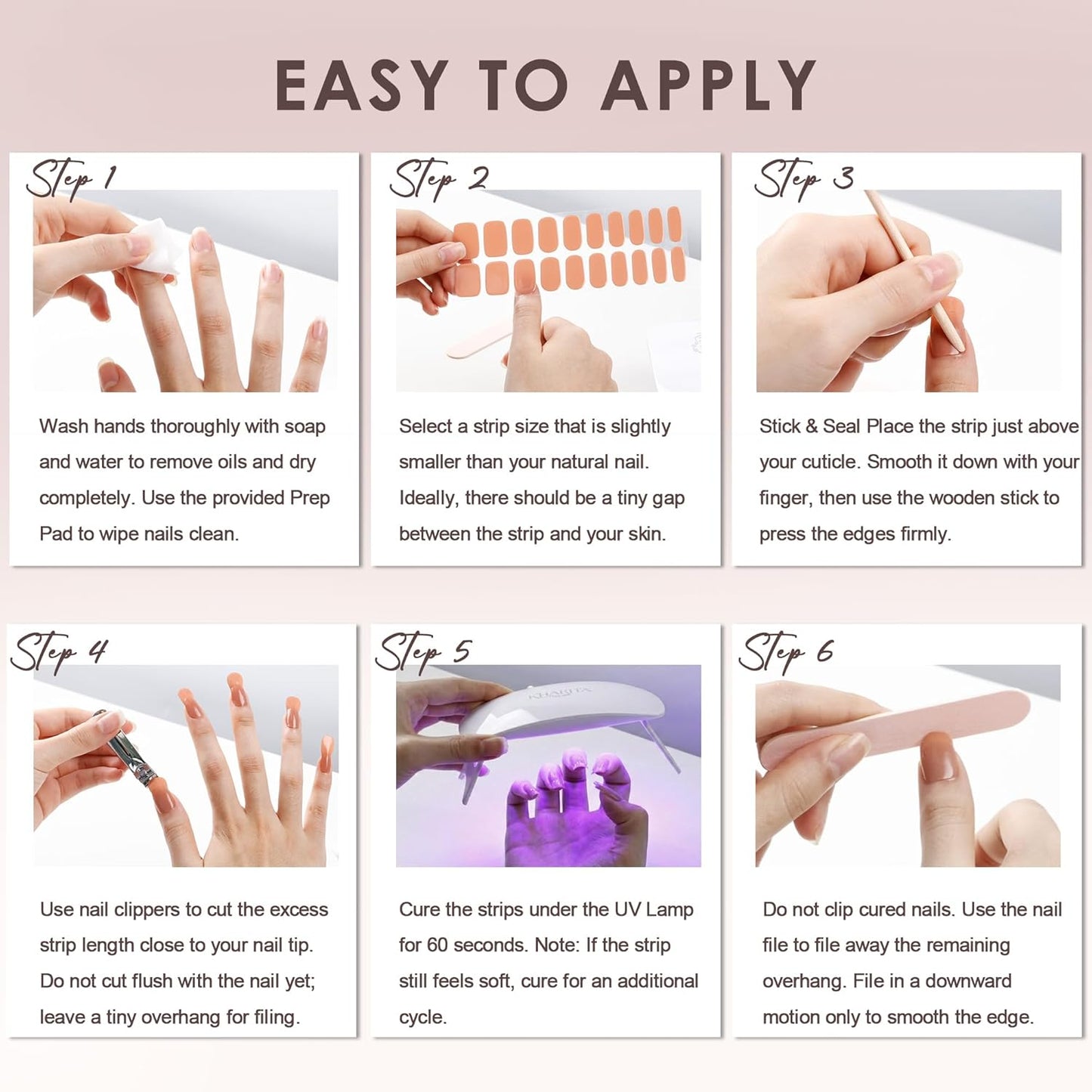Gel Nail Strips - Long-Lasting Semi-Cured UV Polish Wraps | Easy Peel-Off, Hema-Free | 20-Piece Solid Nude Pink Kit with File