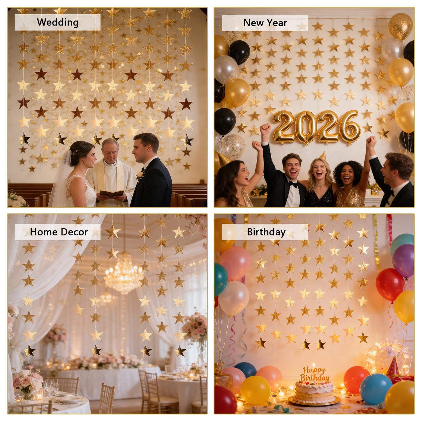 BRIOYHA Metallic Champagne Gold Star Garland,10-Pack 4M Paper Hanging Star Streamers, Double-Sided Reflective Star Banner for Graduation Wedding Birthday Christmas New Year Party Decoration