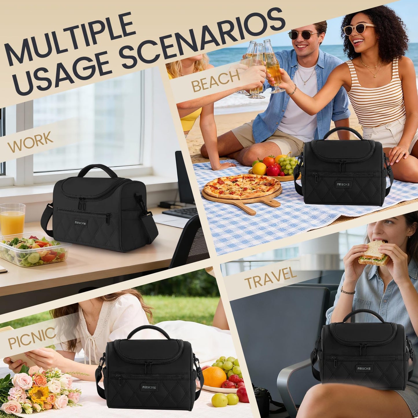 SODEER Lunch Bag for Women and Men Leakproof,Insulation Lunch Box,Soft Lunch Cooler with Adjustable Strap for Work Travel,Black