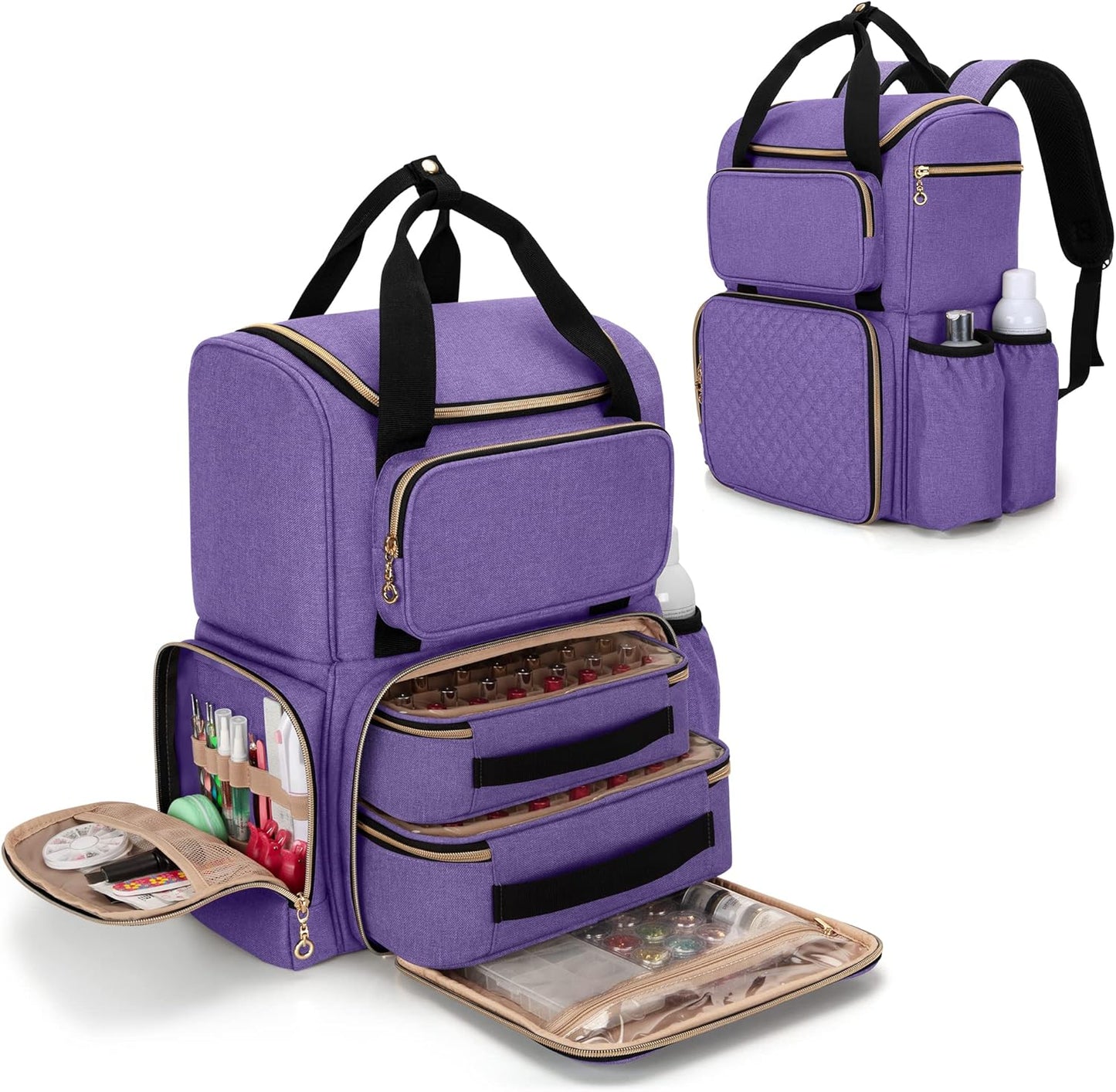 Nail Polish Organizer Backpack - Holds 70 Bottles & Lamp | Travel Bag with Removable Cases & Tool Pockets - Black