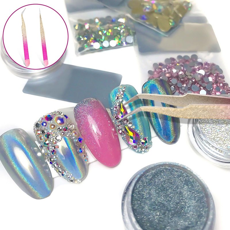 2 Pcs Double Ended Nail Art Tweezers with Silicone Pressing Head - Straight & Curved Tip Stainless Steel Tweezers for Eyelash Extensions & Nail Art Stickers