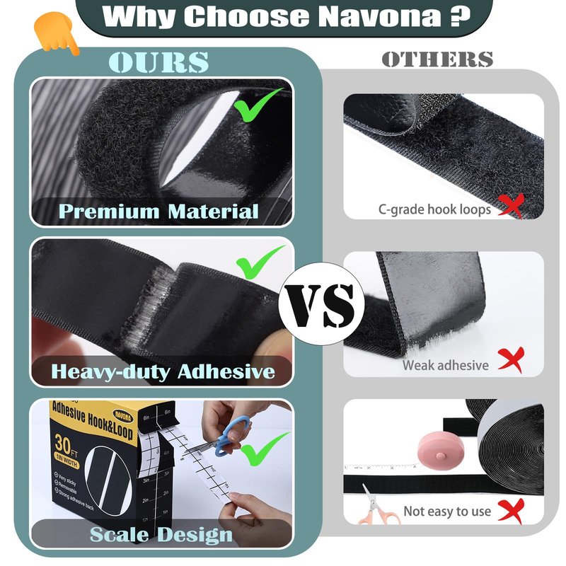 Navona 30Ft x 1 Inch Hook and Loop Strips with Adhesive, Double Rolls of Heavy Duty Self Adhesive Tape with Backing, Nylon Self Adhesive Tape for Home Office School and Crafting,Black