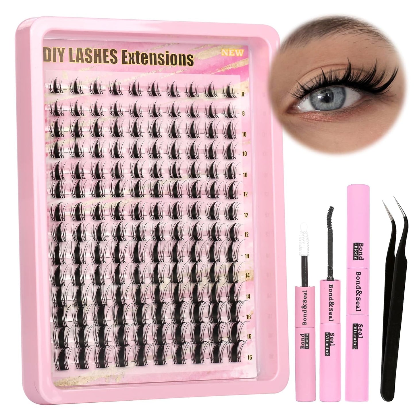Lash Extension Kit - 640 Pcs Volume C Curl Eyelash Clusters | DIY Cluster Extensions with Bond & Tweezers