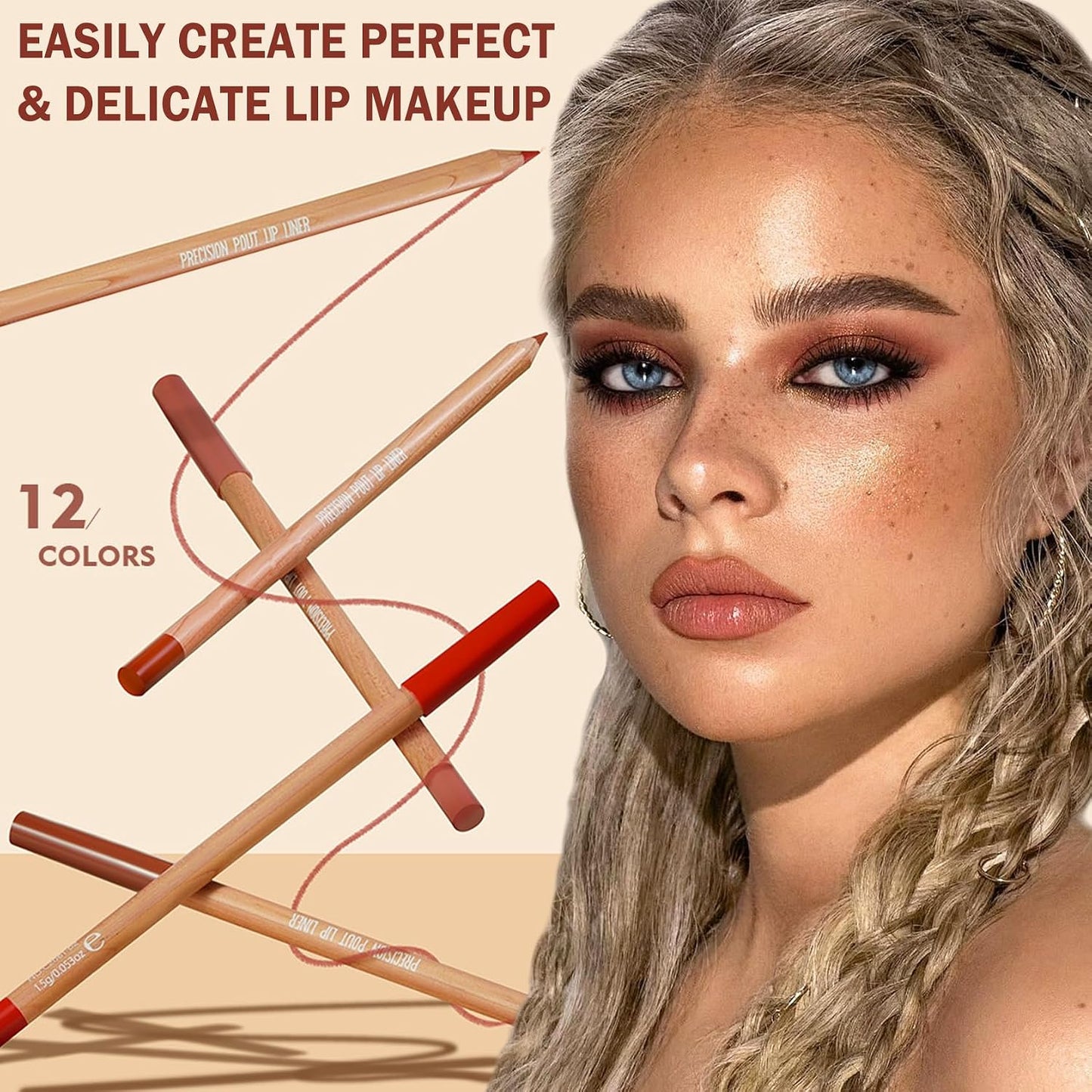 Lip Liner Set - 12PCS High Pigmented Smooth Lip Pencils | Long Lasting Matte in Brown, Pink, Red