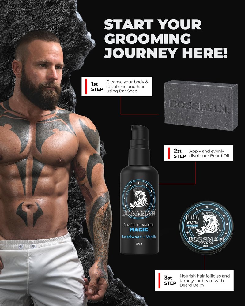 Bossman Starter Beard Kit for Men – Beard Oil (2 oz), Beard Balm & Bar Soap – Natural & Organic Grooming Kit – Made in the USA Men Gift Set (Magic Scent)