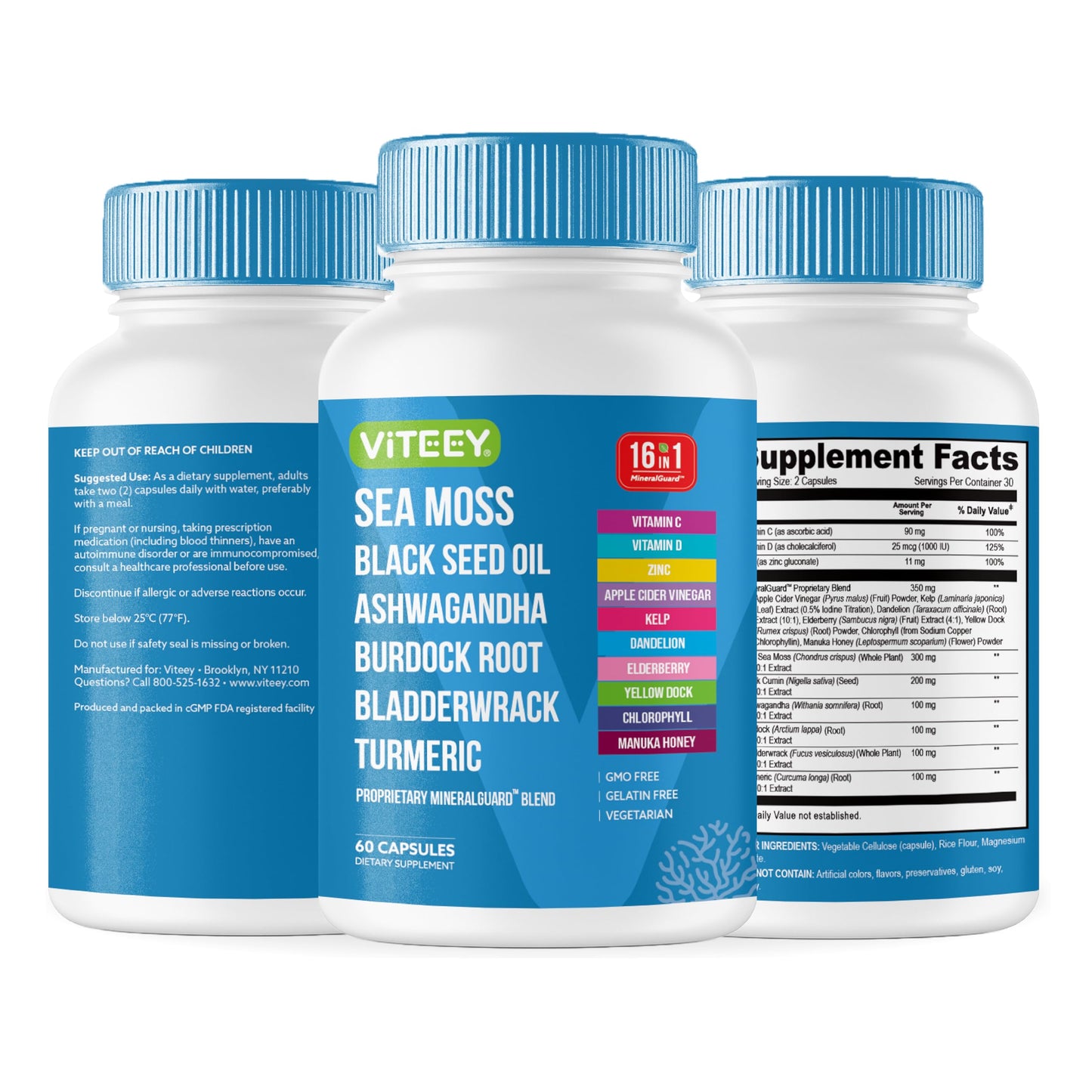Viteey Sea Moss Capsules with Black Seed Oil – Irish Sea Moss Supplement with Bladderwrack, Burdock Root & Ashwagandha – Immune & Mineral Support - 60 Capsules