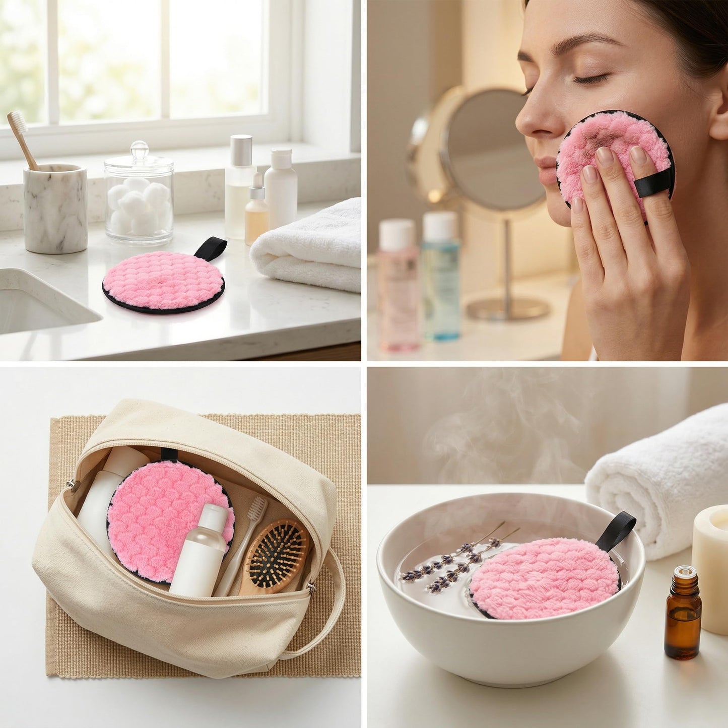 2PACK Makeup Remover Puff, Reusable Makeup Remover Pads for Removing Foundation, Mascara, Eyeshadow and Lipstick, Soft Facial Cleansing Pads for Daily Makeup Removal and Skincare Routine Pink