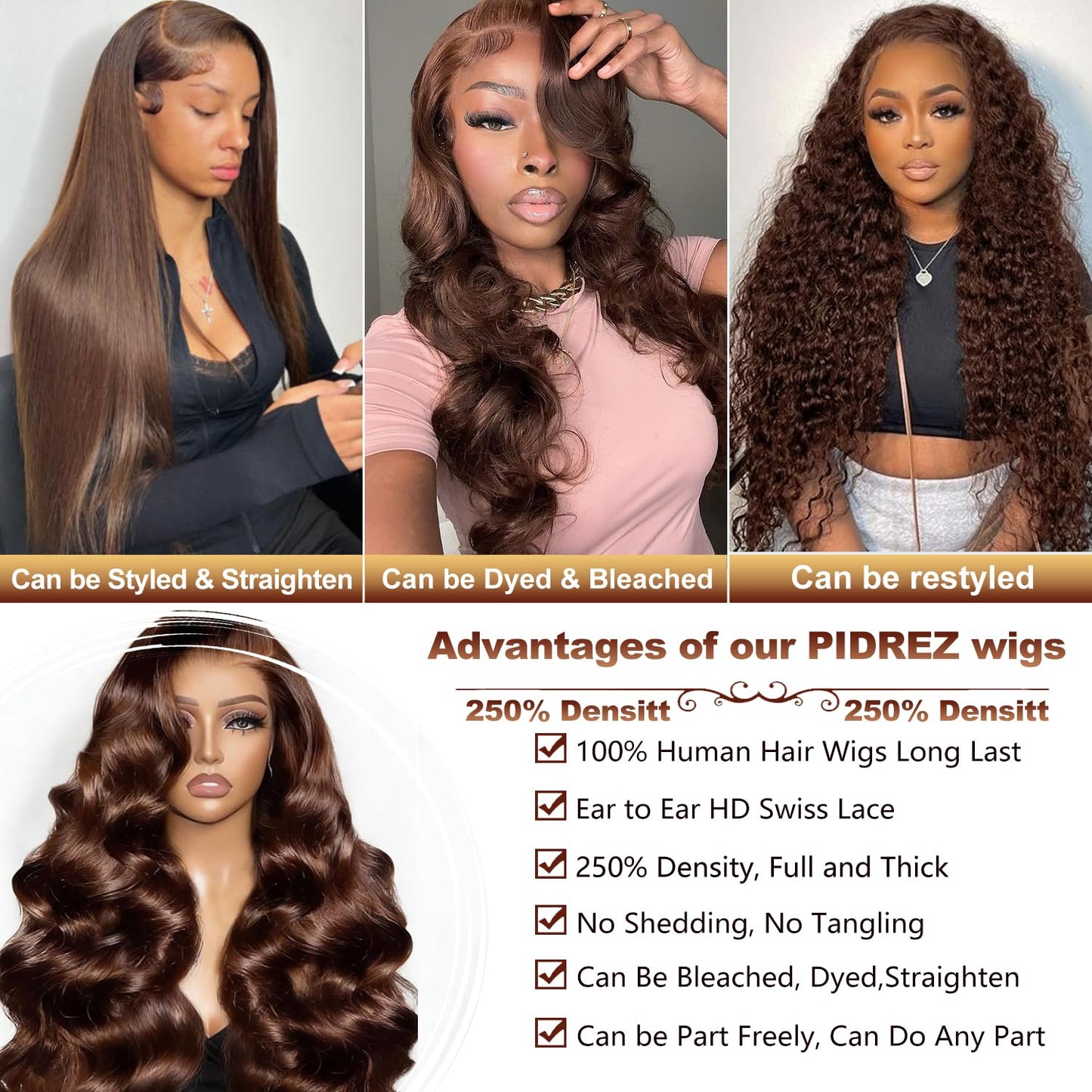 28 Inch Chocolate Brown Human Hair Wig - 250% Density, 13x6 HD Body Wave with Baby Hair | 100% Real, No Tangle, No Shedding