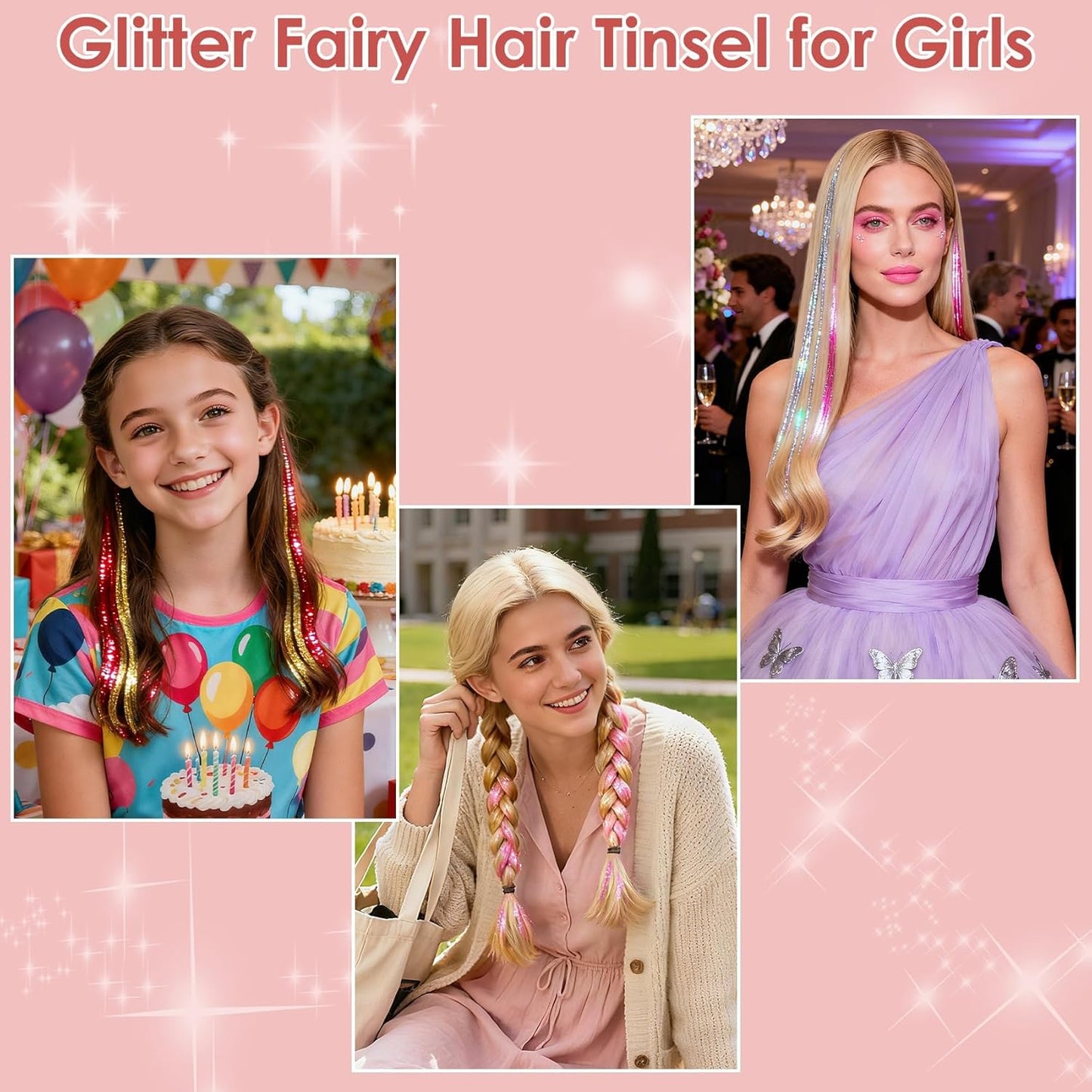 Hair Tinsel Kit - 8400 Strands Colorful Glitter Extensions | 24 Colors, 48 Inches, Heat Resistant for Parties & Concerts