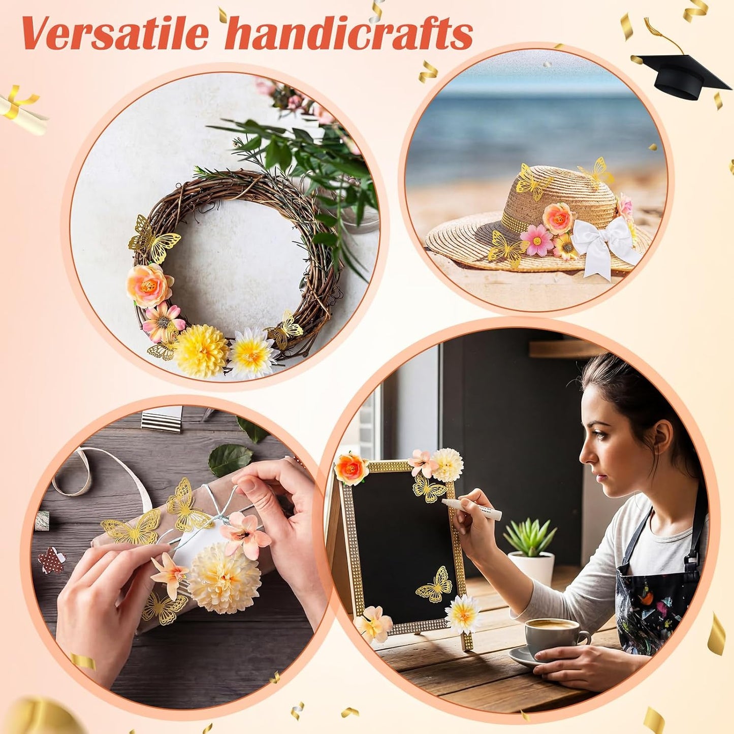 DIY Graduation Cap Decorations Kit - 40 Pcs with Flowers, 3D Butterflies & Rhinestones | Orange