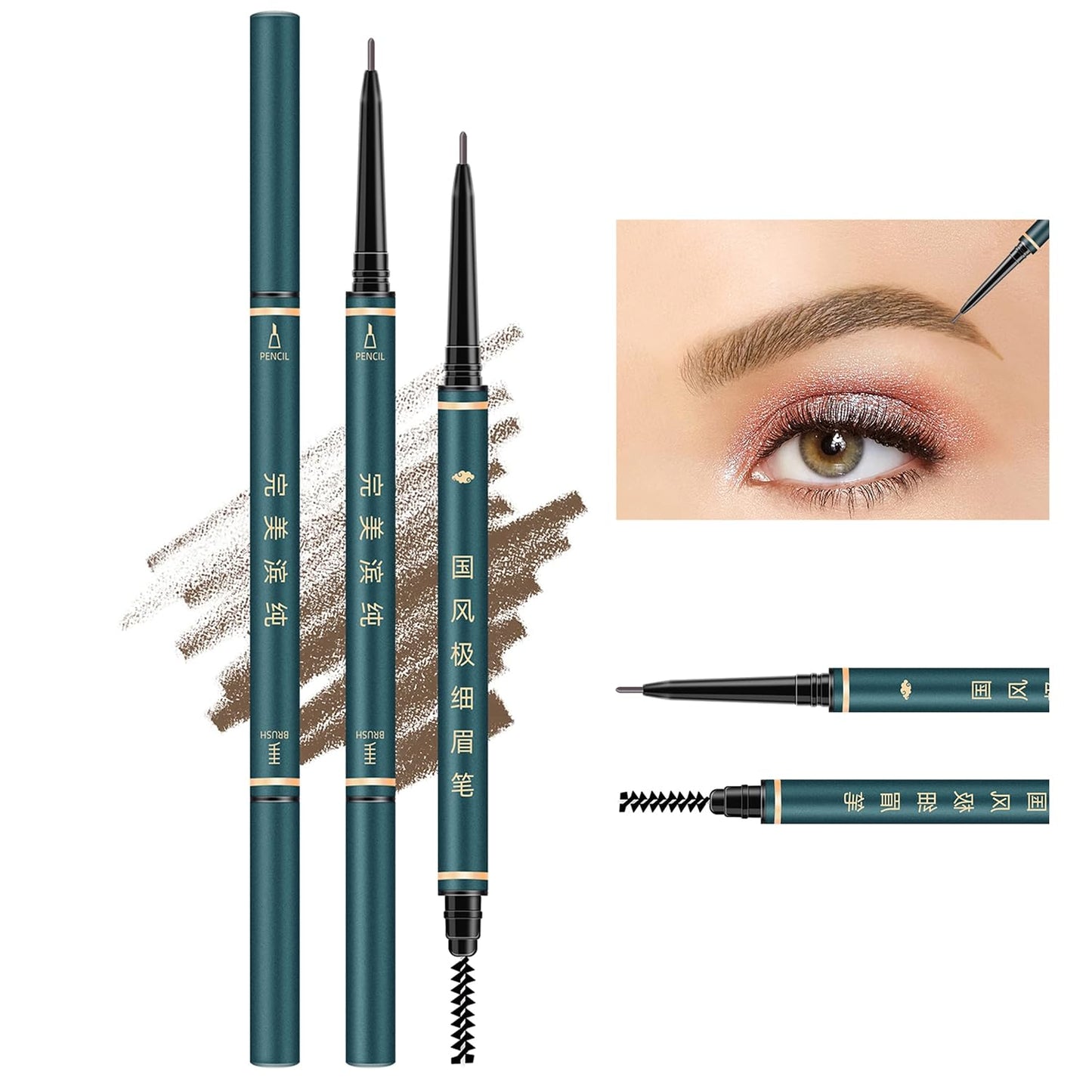 Eyebrow Pencil Set - 3 PCS Waterproof Micro Brow Pencils with Brush & Razor | Ultra-Fine Makeup Tools for Women