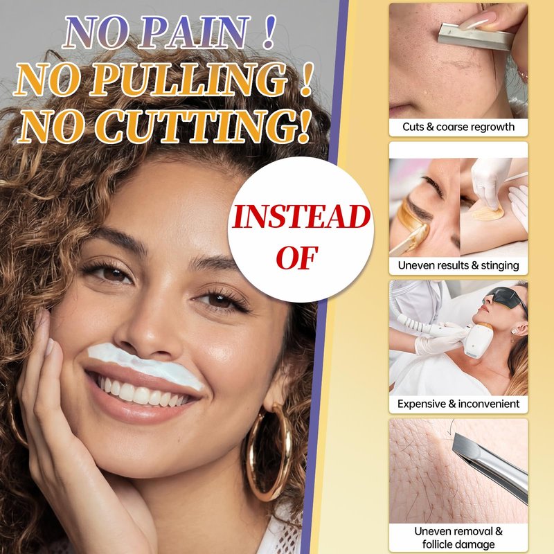 Facial Hair Removal For Women, Painless & Gentle Hair Removal Cream | Chin | Upper Lip | Cheeks for Sensitive Skin (5 Min, 7 Days) - 3.38Fl Oz