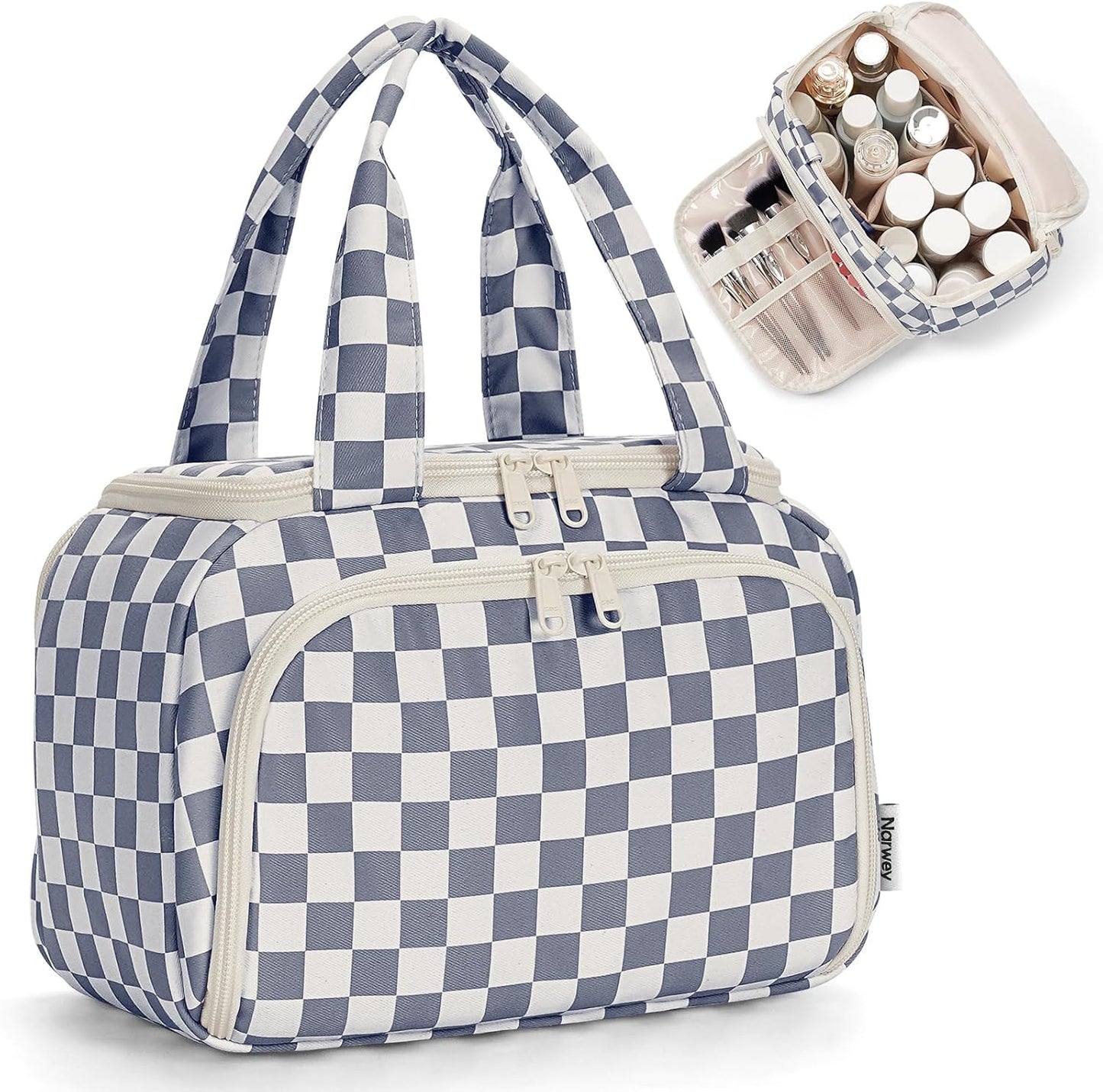 Checkered Travel Toiletry Bag - Large Makeup Organizer with Handle | Mint Green Checkerboard