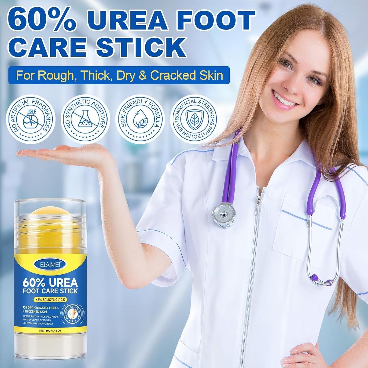 Urea Cream Stick 60% with 2% Salicylic Acid - Deep Moisturizing Exfoliant for Dry Skin | Callus Remover & Skin Softener