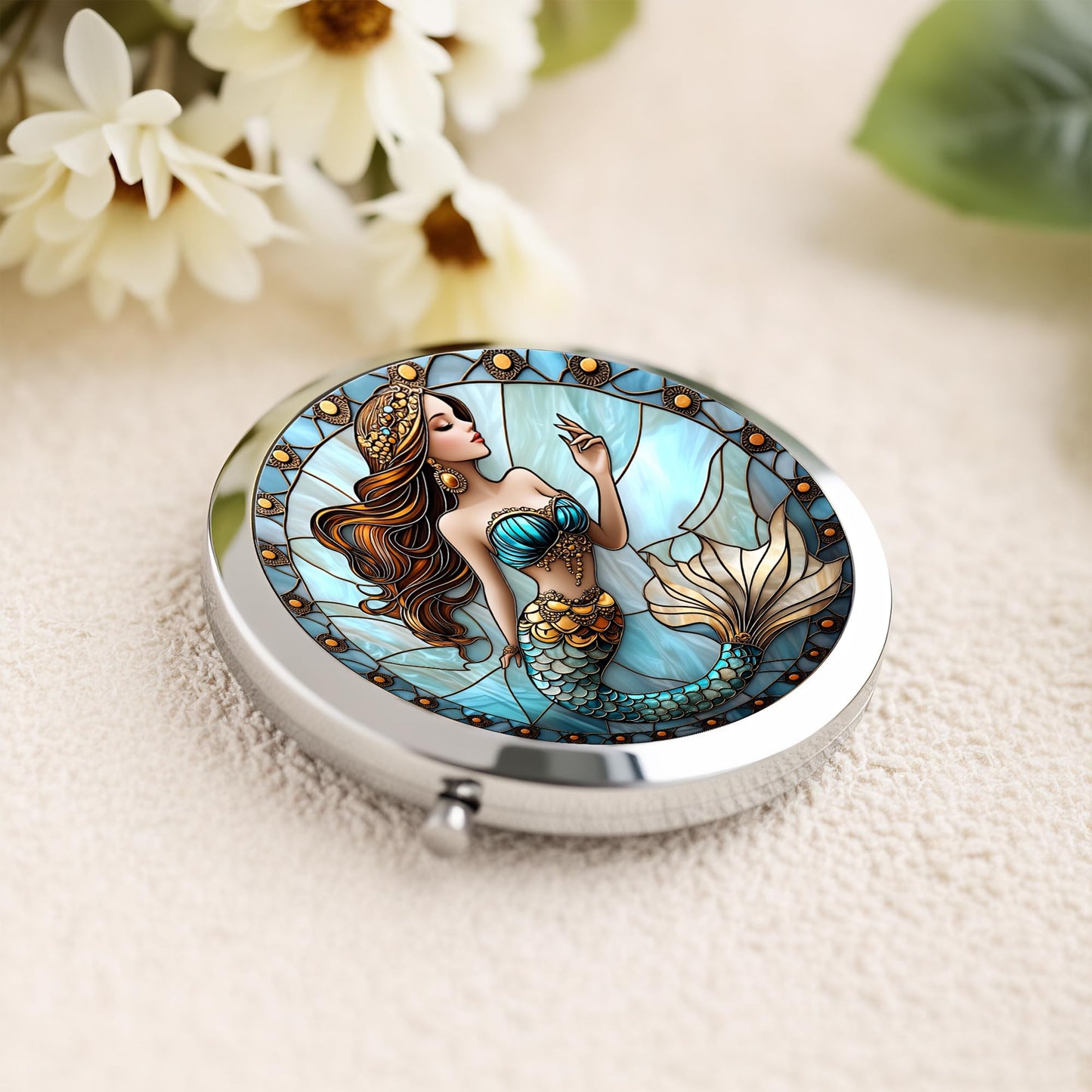 Silver Compact Mirror, 2.8x2.8inch Double-Sided Folding Makeup Mirror with Golden Tail Mermaid Design, Ideal Gift for Women