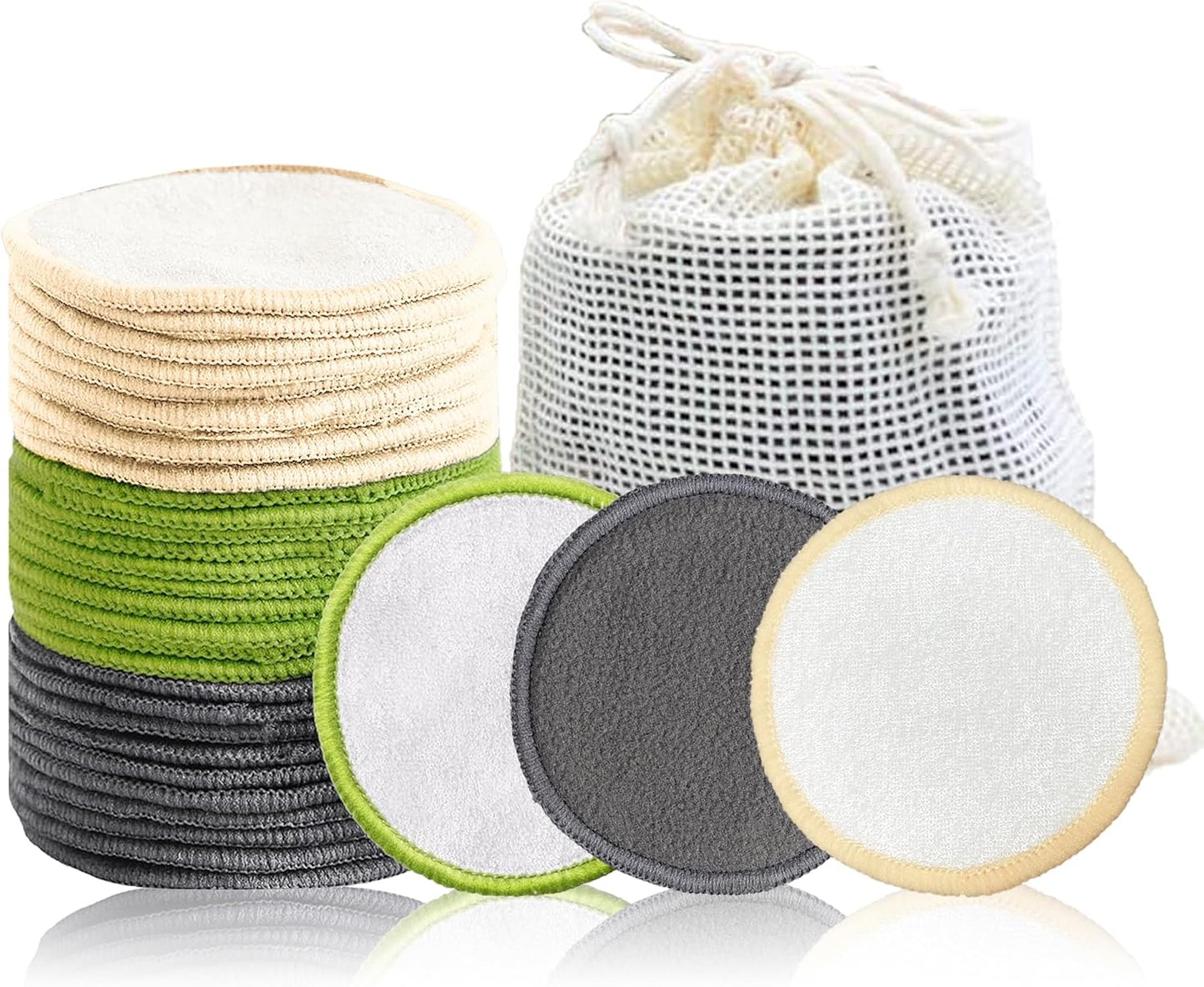 Reusable Makeup Remover Pads - 20 Pack Bamboo Cotton Rounds for All Skin Types | Washable with Cotton Bag
