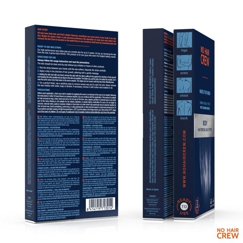 NO HAIR CREW Body Wax Strips – High Performance Wax Strips Made for Men, 20 strips & 4 soothing cleansing wipes