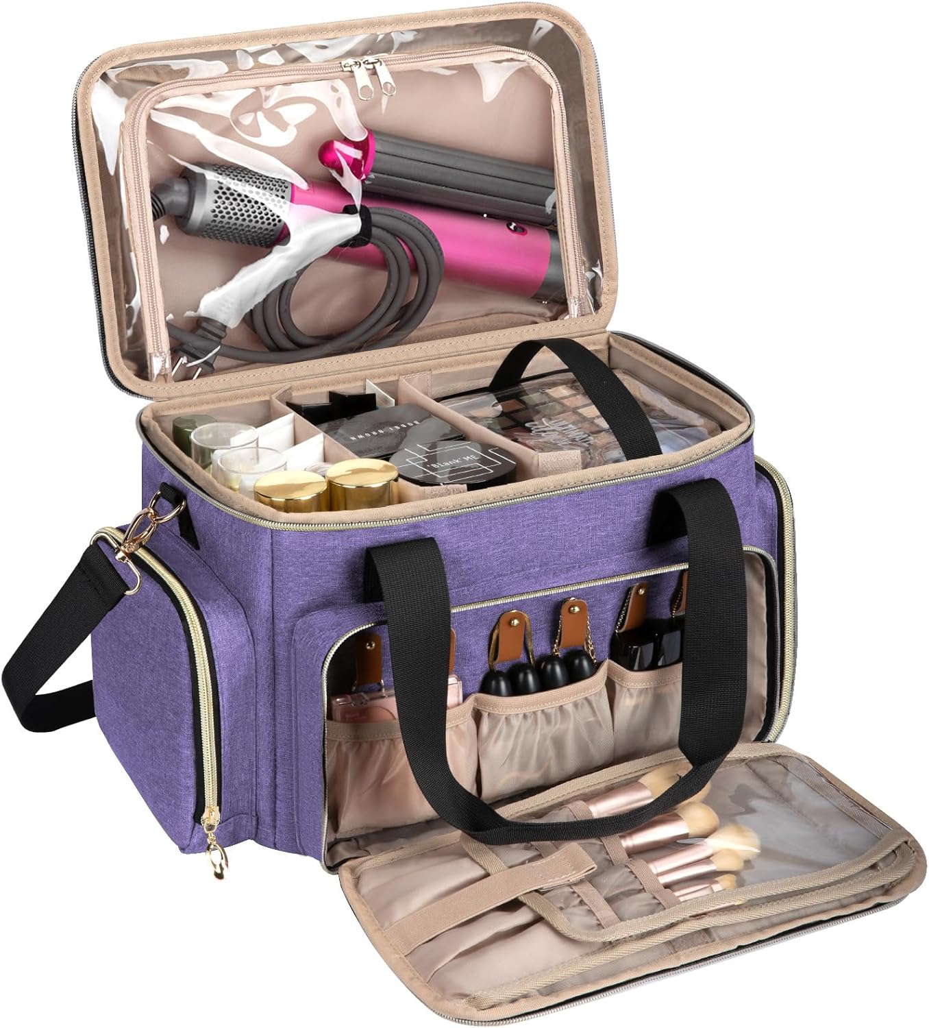 Large Makeup Bag Organizer - Portable Travel Cosmetic Case for Women | 2 Removable Pouches & Detachable Dividers - Black