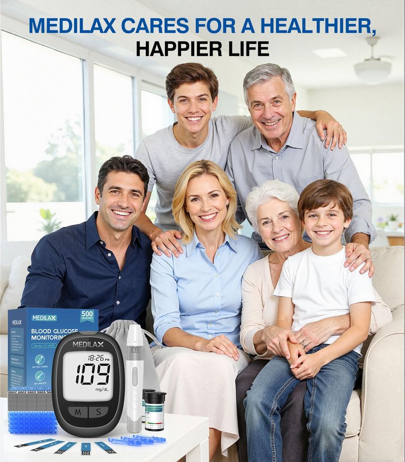 Medilax Blood Glucose Monitor Kit, 100 Test Strips & 100 Lancets Blood Sugar Testing Kit with Glucometer and Lancing Device, No Coding, 500 Storage Glucose Monitor for Home Use, Diabetes Testing