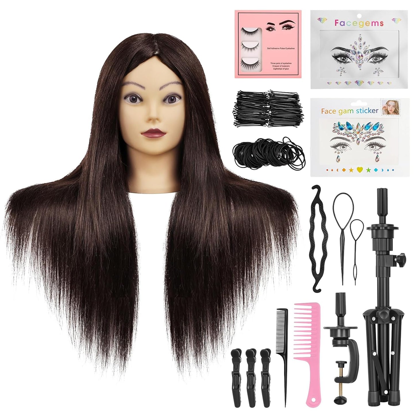 Human Hair Mannequin Head - 18" Cosmetology Doll for Hair Styling & Braiding | Includes Table Clamp Stand