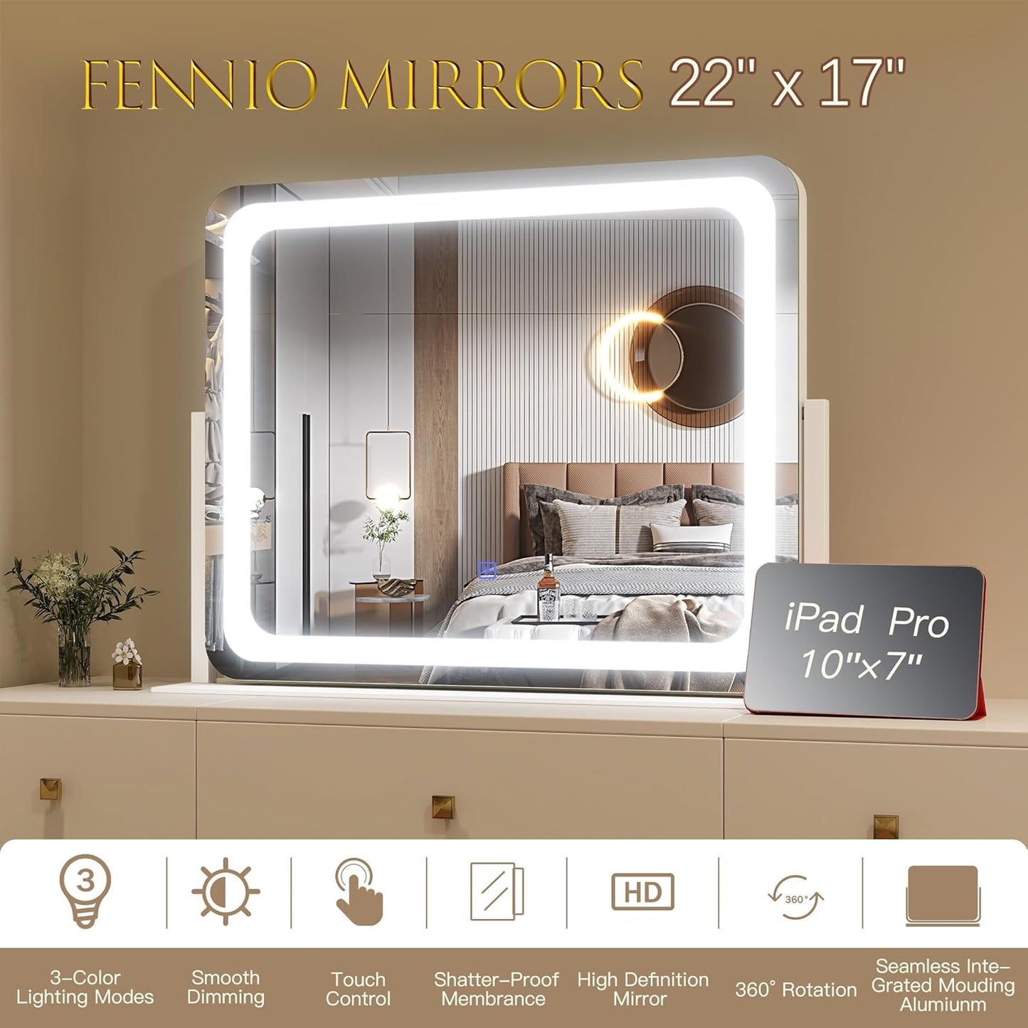 FENNIO Vanity Mirror with Lights - 22''x17'' Dimmable Makeup Mirror with Touch Screen & 3-Color Lighting