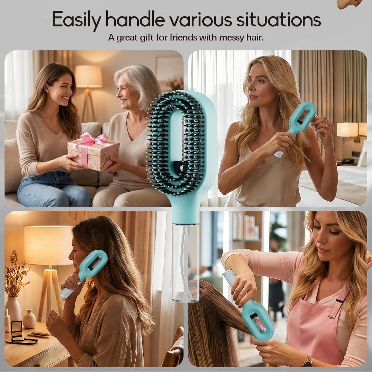Misting Detangling Hair Brush - 2-in-1 Anti-Frizz & Static Control for Fine, Dry Hair | Aqua Blue