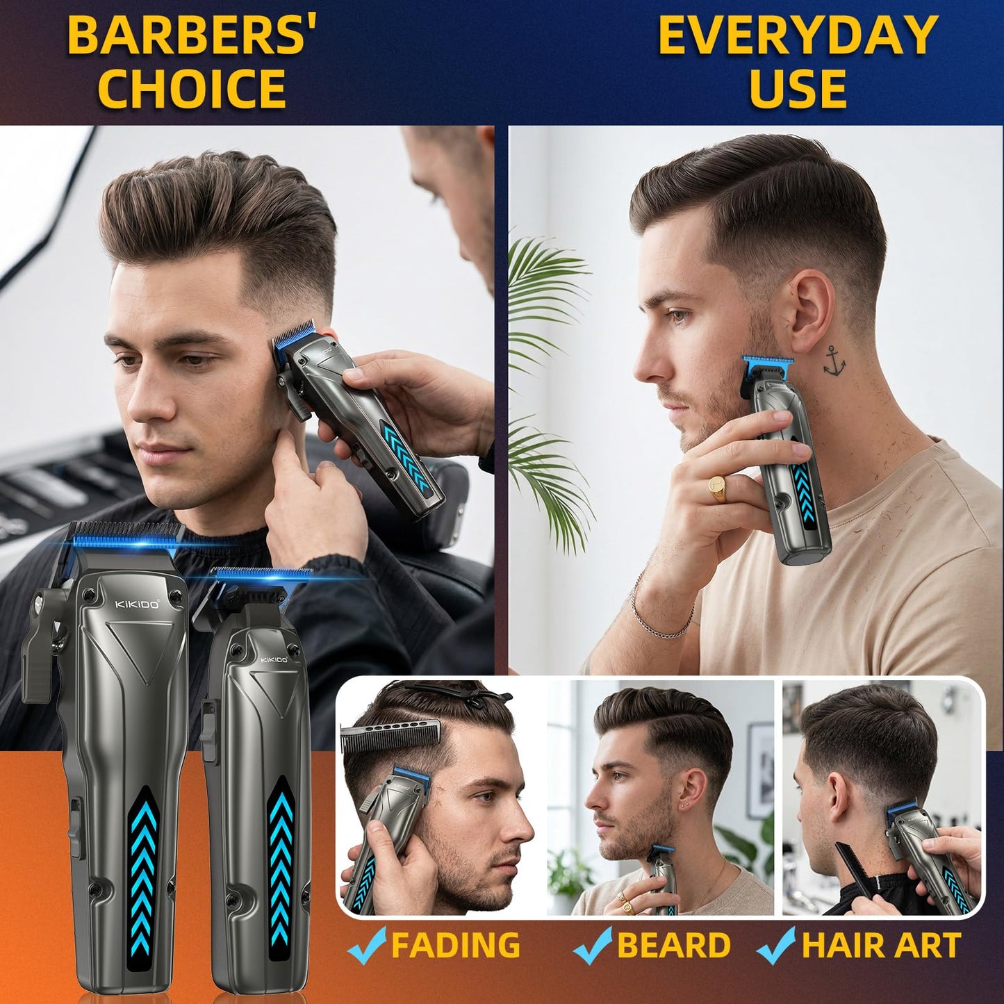 KIKIDO Professional Hair Clippers for Men, Professional Barber Clippers and Trimmer Set, Cordless Hair Clippers for Hair Cutting with Package Case, with Interchangeable Battery.