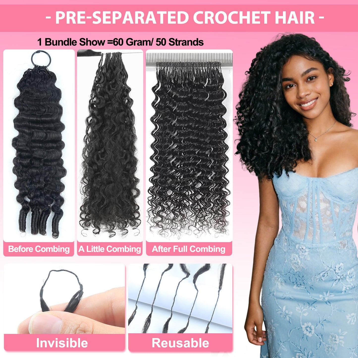 Burmese Curly Crochet Human Hair Bundles 20 Inch 60g 50 Strands Pre Separated Invisible Miracle Knots Feather Crochet Hair for Black Women Lightweight Reusable Feathered Crochet Human Hair Extensions