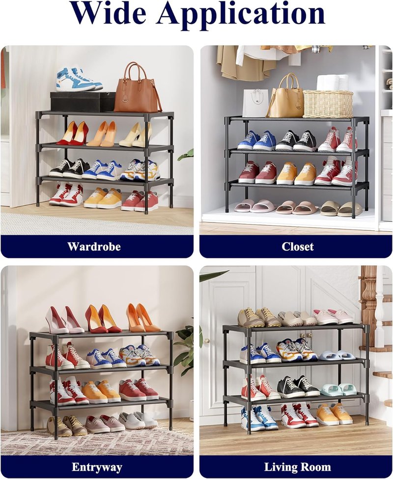 Kitsure Shoe Rack | Non-Woven 3-Tier Shoe Organizer for Closet & Entryway - 27.5" Wide, Black