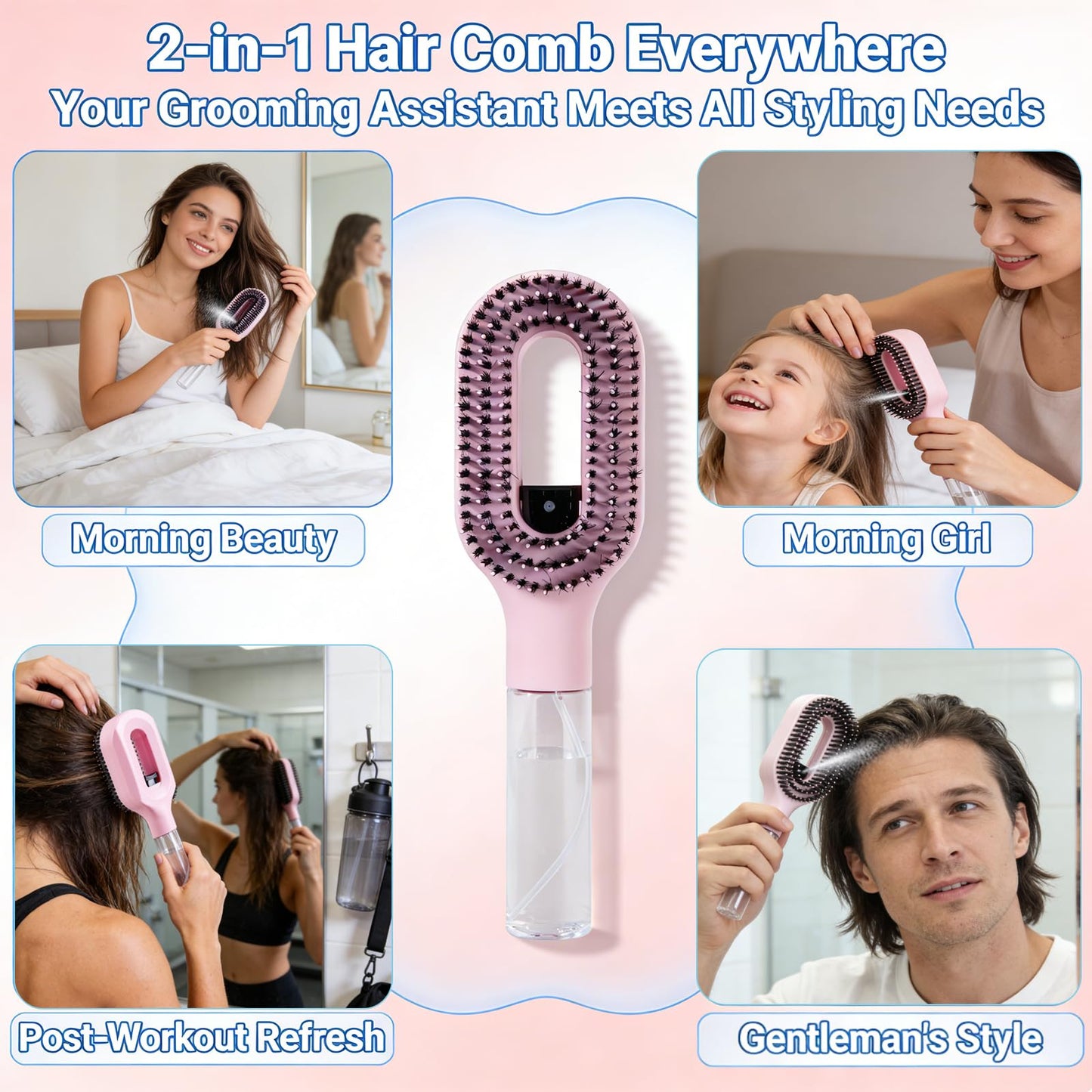 Hair Brush with Water Spray - 2-in-1 Detangling Brush with Built-in Mister Spray, 50ml Portable Spray Hair Brush for Wet & Dry Frizz-Free Styling, Women Girls & Kids(1 Kaki)